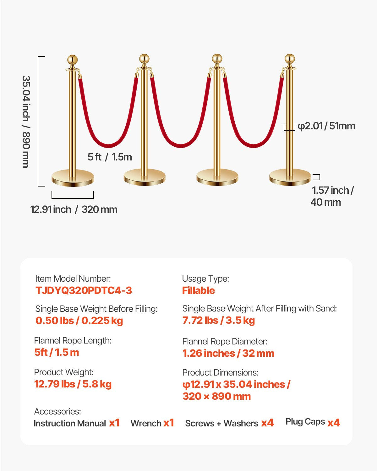 Stanchions and Velvet Ropes 4Pcs, Hollow Base with Stainless Steel Post, 3 Red Velvet Ropes and Posts, Crowd Control Barriers Gold Stanchions, Red Carpet Runner Poles for Party Supplies