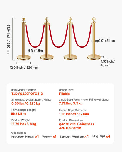 Stanchions and Velvet Ropes 4Pcs, Hollow Base with Stainless Steel Post, 3 Red Velvet Ropes and Posts, Crowd Control Barriers Gold Stanchions, Red Carpet Runner Poles for Party Supplies