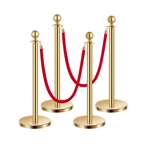 Stanchions and Velvet Ropes 4Pcs, Hollow Base with Stainless Steel Post, 2 Red Velvet Ropes and Posts, Crowd Control Barriers Gold Stanchions, Red Carpet Runner Poles for Party Supplies