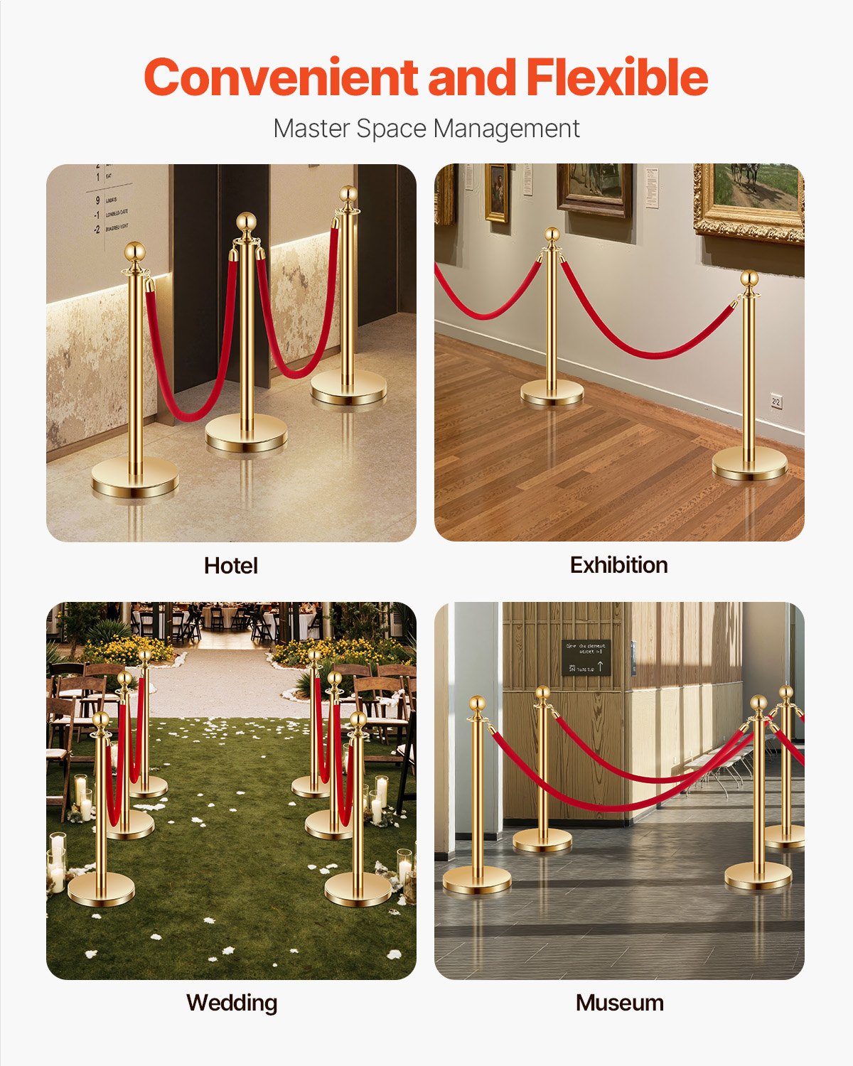Stanchions and Velvet Ropes 6Pcs, Hollow Base with Stainless Steel Post, 4 Red Velvet Ropes and Posts, Crowd Control Barriers Gold Stanchions, Red Carpet Runner Poles for Party Supplies
