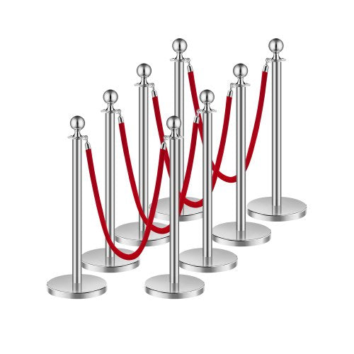 Stanchions and Velvet Ropes 8Pcs, Hollow Base with Stainless Steel Post, 4 Red Velvet Ropes and Posts, Crowd Control Barriers Silver Stanchions, Red Carpet Runner Poles for Party Supplies