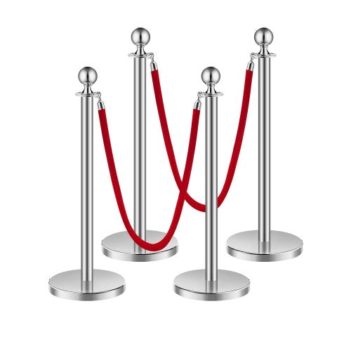 Stanchions and Velvet Ropes 4Pcs, Hollow Base with Stainless Steel Post, 2 Red Velvet Ropes and Posts, Crowd Control Barriers Silver Stanchions, Red Carpet Runner Poles for Party Supplies