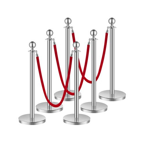 Stanchions and Velvet Ropes 6Pcs, Hollow Base with Stainless Steel Post, 3 Red Velvet Ropes and Posts, Crowd Control Barriers Silver Stanchions, Red Carpet Runner Poles for Party Supplies
