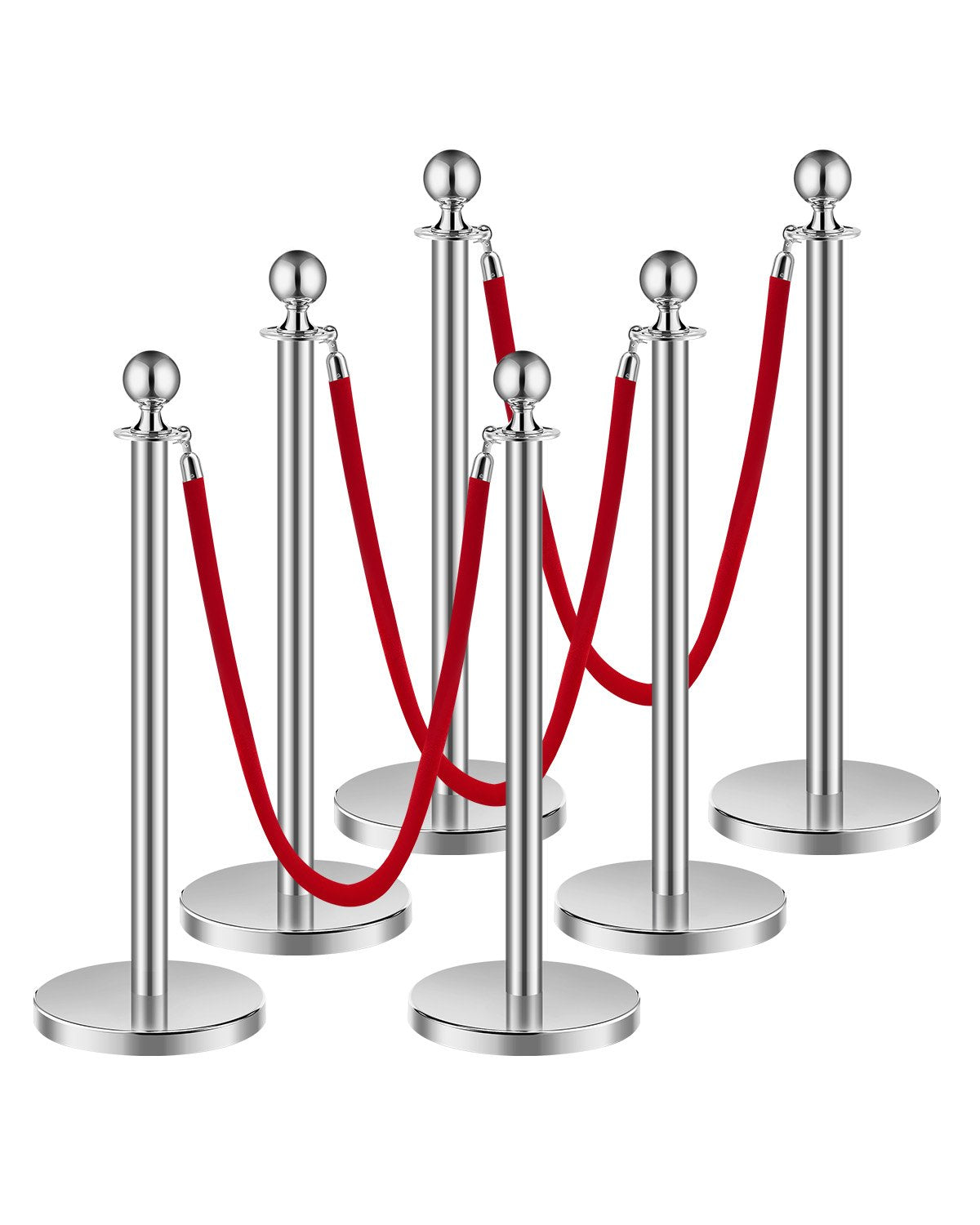 6 pcs Silver Standing Post 3 Red Velvet Ropes Sand Injection Hollow Base