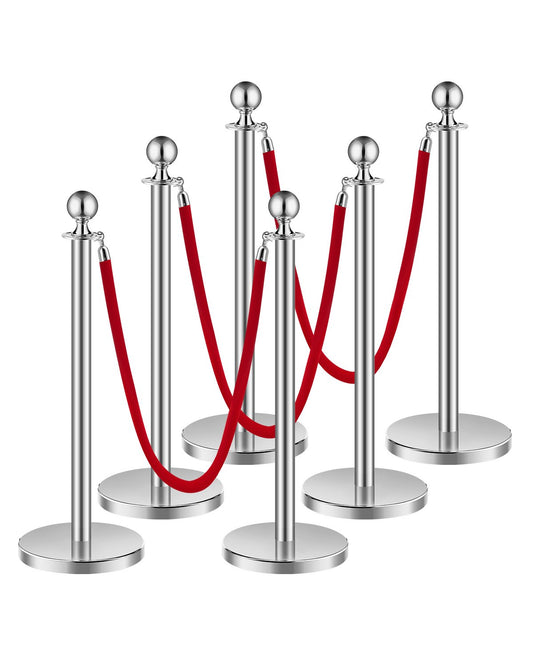 6 pcs Silver Standing Post 3 Red Velvet Ropes Sand Injection Hollow Base