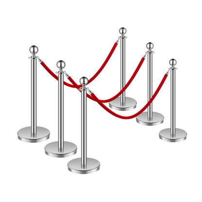 6 pcs Silver Standing Post 3 Red Velvet Ropes Sand Injection Hollow Base