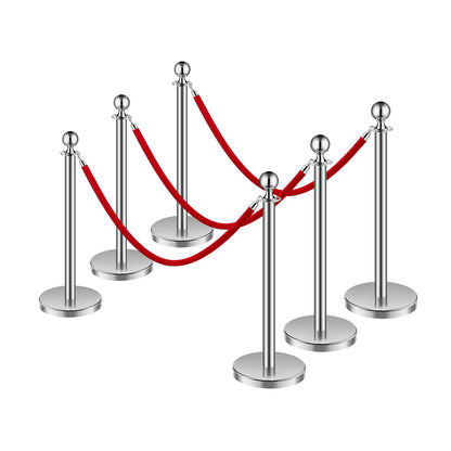 6 pcs Silver Standing Post 3 Red Velvet Ropes Sand Injection Hollow Base