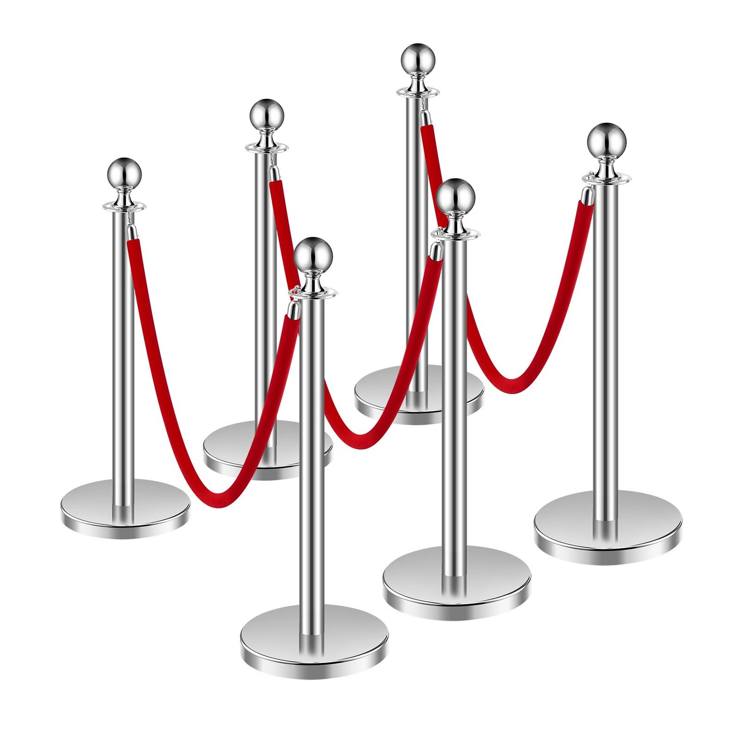 6 pcs Silver Standing Post 3 Red Velvet Ropes Sand Injection Hollow Base
