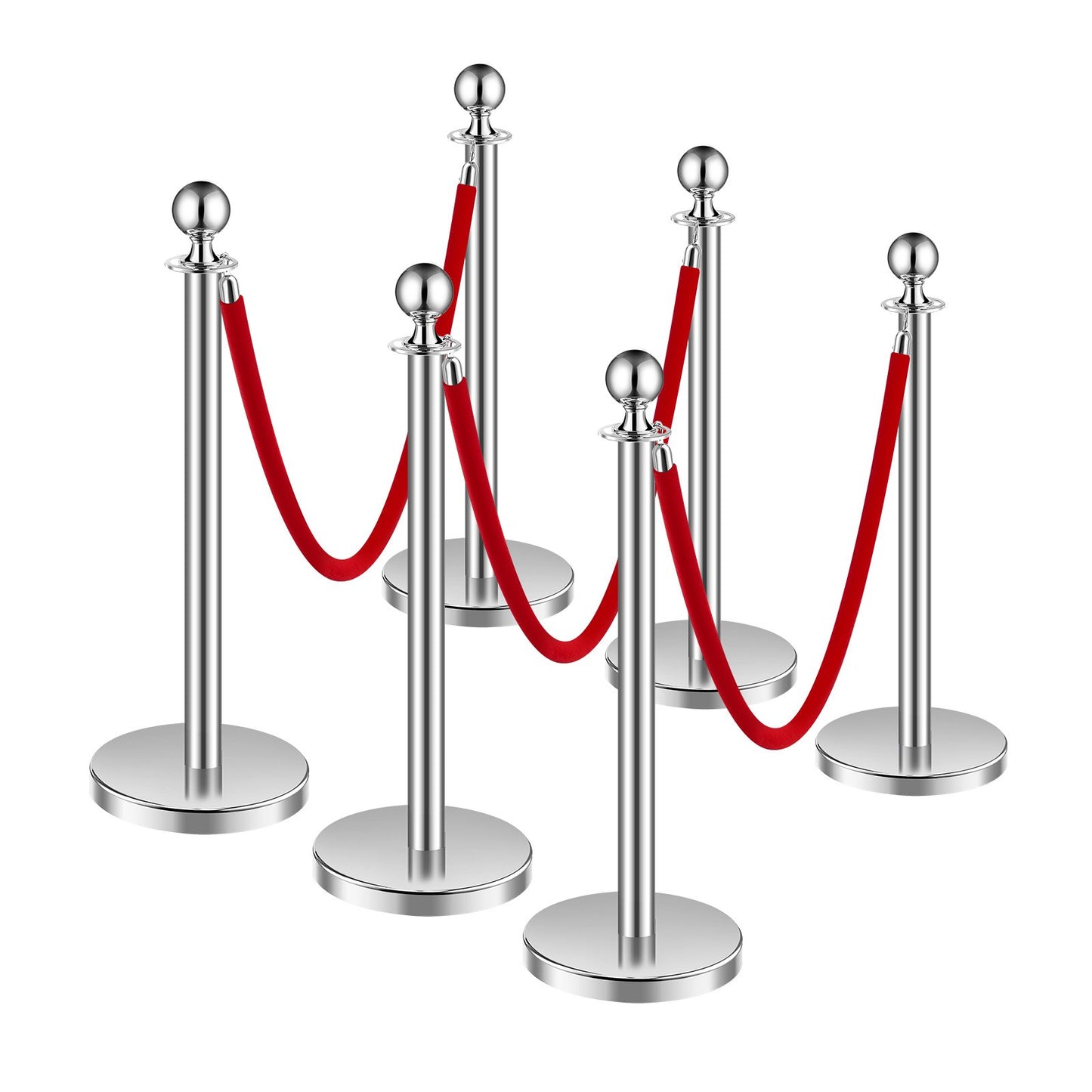 6 pcs Silver Standing Post 3 Red Velvet Ropes Sand Injection Hollow Base