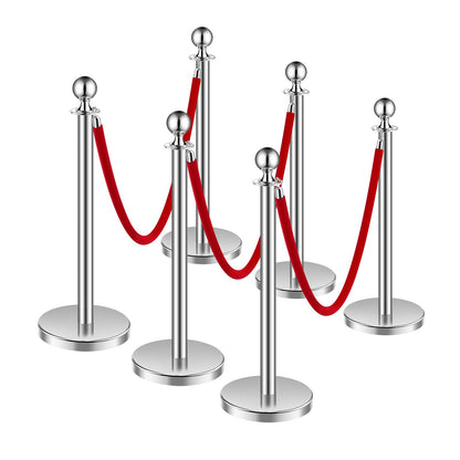 6 pcs Silver Standing Post 3 Red Velvet Ropes Sand Injection Hollow Base