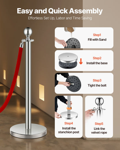 Stanchions and Velvet Ropes 6Pcs, Hollow Base with Stainless Steel Post, 3 Red Velvet Ropes and Posts, Crowd Control Barriers Silver Stanchions, Red Carpet Runner Poles for Party Supplies