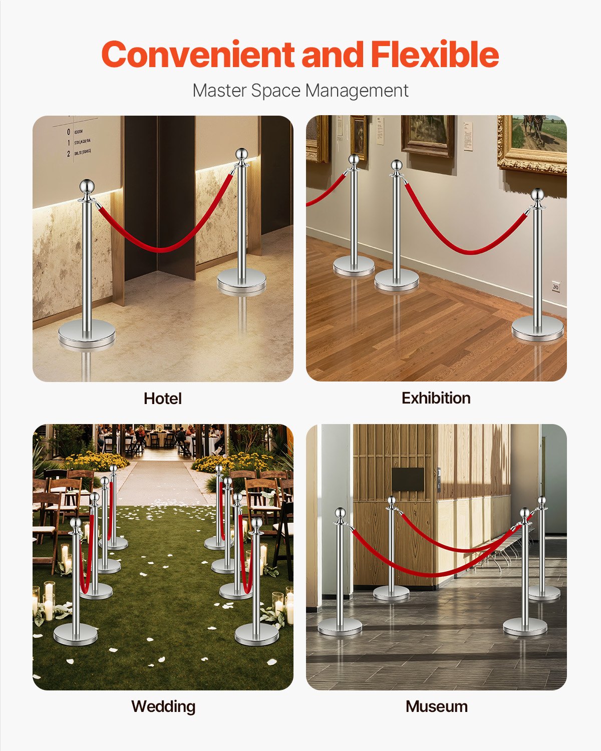 Stanchions and Velvet Ropes 6Pcs, Hollow Base with Stainless Steel Post, 3 Red Velvet Ropes and Posts, Crowd Control Barriers Silver Stanchions, Red Carpet Runner Poles for Party Supplies