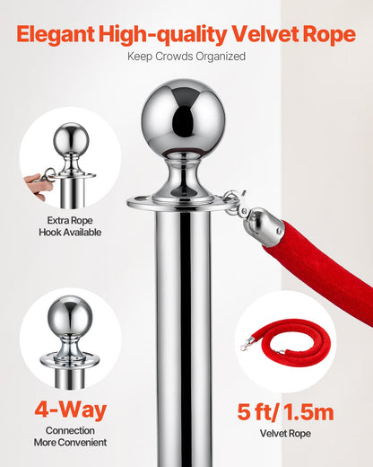 Stanchions and Velvet Ropes 6Pcs, Hollow Base with Stainless Steel Post, 3 Red Velvet Ropes and Posts, Crowd Control Barriers Silver Stanchions, Red Carpet Runner Poles for Party Supplies