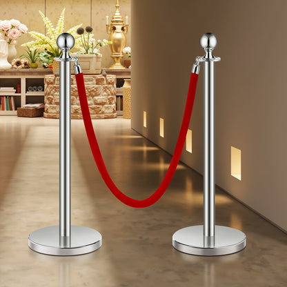 Stanchions and Velvet Ropes 6Pcs, Hollow Base with Stainless Steel Post, 3 Red Velvet Ropes and Posts, Crowd Control Barriers Silver Stanchions, Red Carpet Runner Poles for Party Supplies
