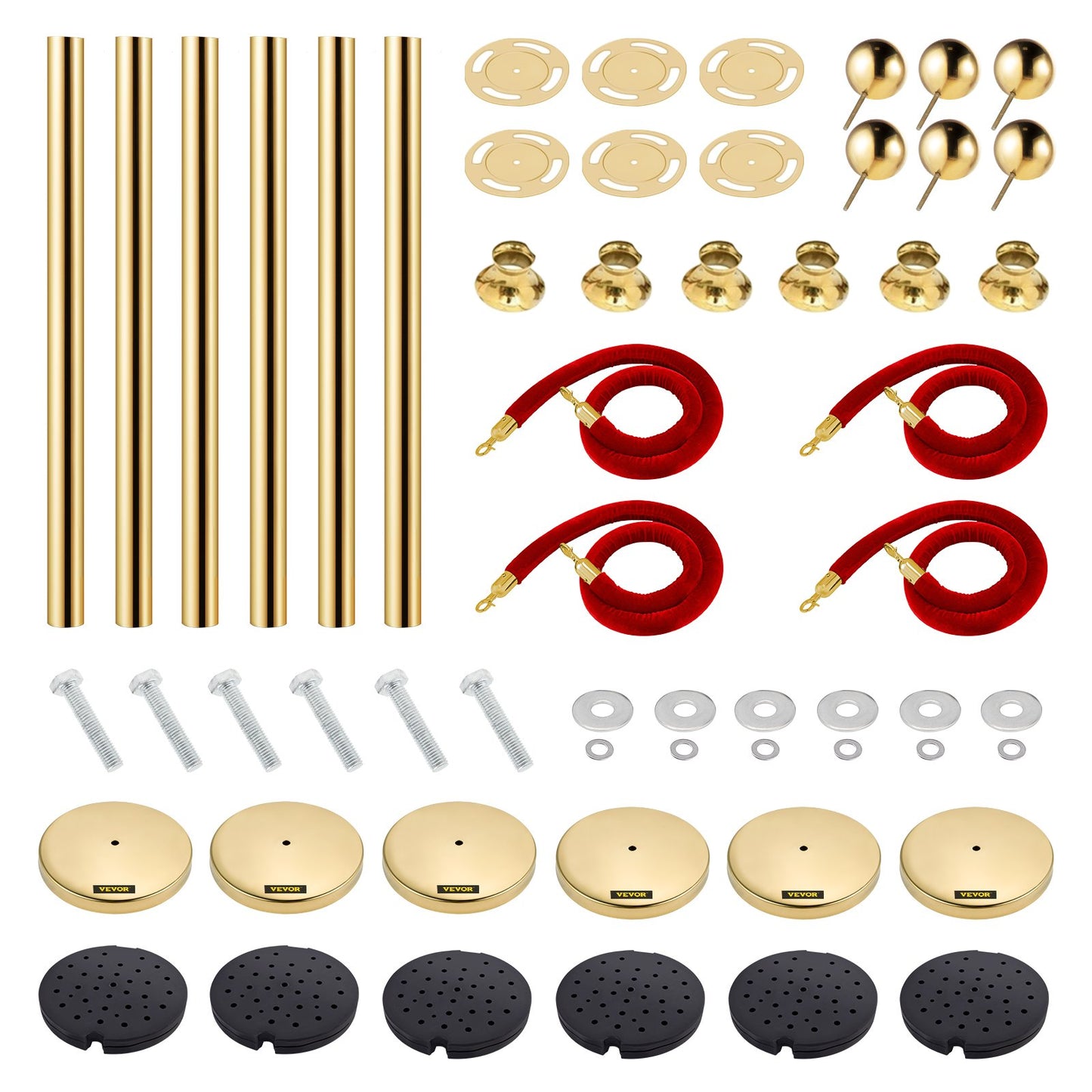Rostfritt stål stolpkö 6st stolpe med 4 röda sammetsrep, publikkontrollbarriärer med fyllbar bas för för publikkontroll på teatrar, hotell, kasinon, röda mattan-evenemang, biljettkontor och mer, (6 stycken, silver)
