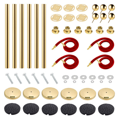Rostfritt stål stolpkö 6st stolpe med 4 röda sammetsrep, publikkontrollbarriärer med fyllbar bas för för publikkontroll på teatrar, hotell, kasinon, röda mattan-evenemang, biljettkontor och mer, (6 stycken, silver)
