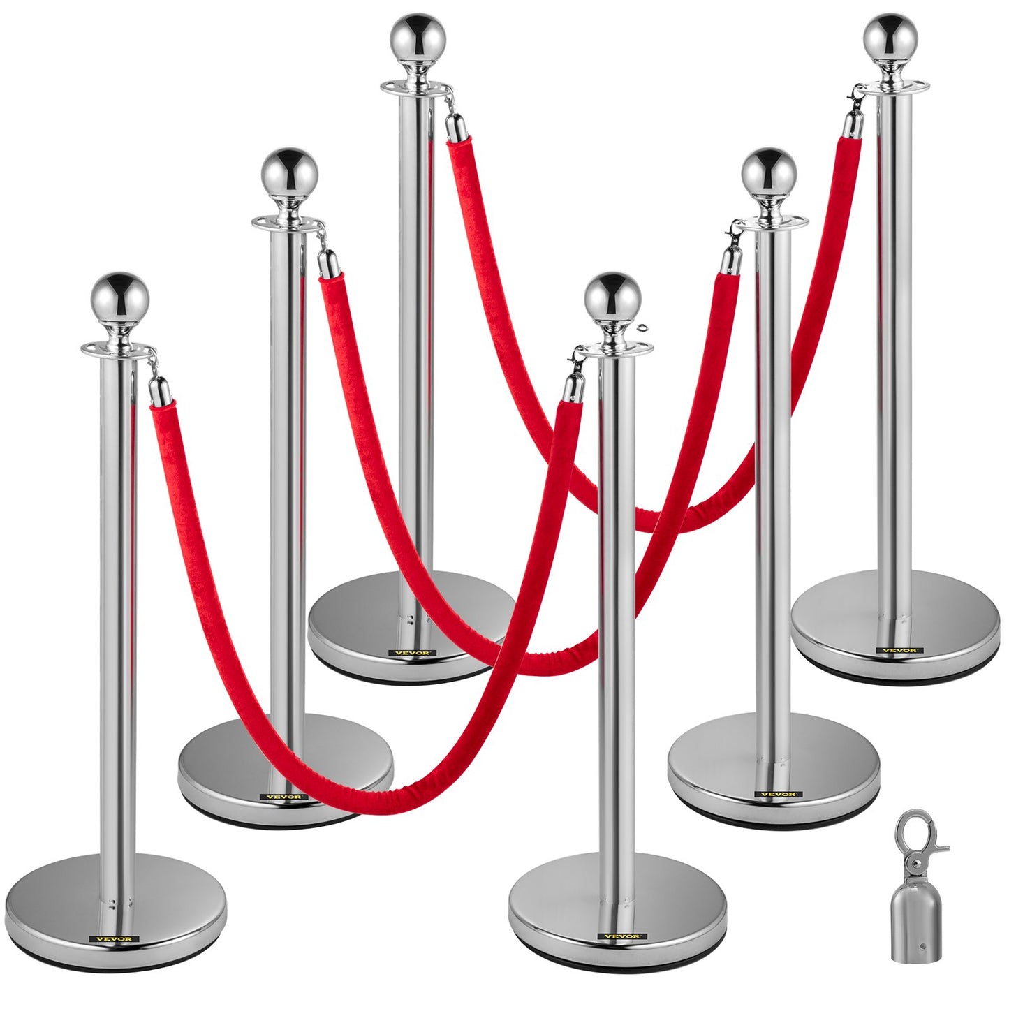 6PCS Red Rope Pole Silver Post Crowd Control Queue Line Barrier