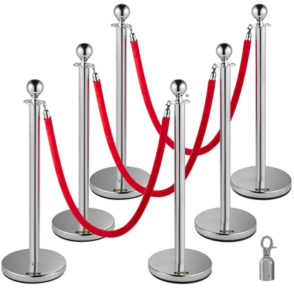 6PCS Red Rope Pole Silver Post Crowd Control Queue Line Barrier