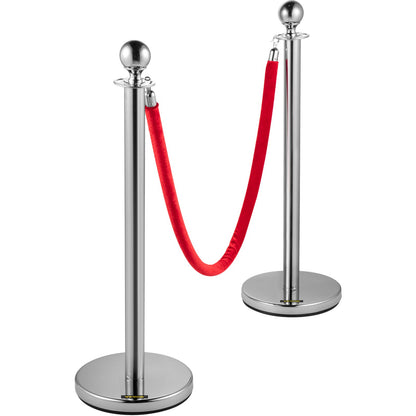 6PCS Red Rope Pole Silver Post Crowd Control Queue Line Barrier