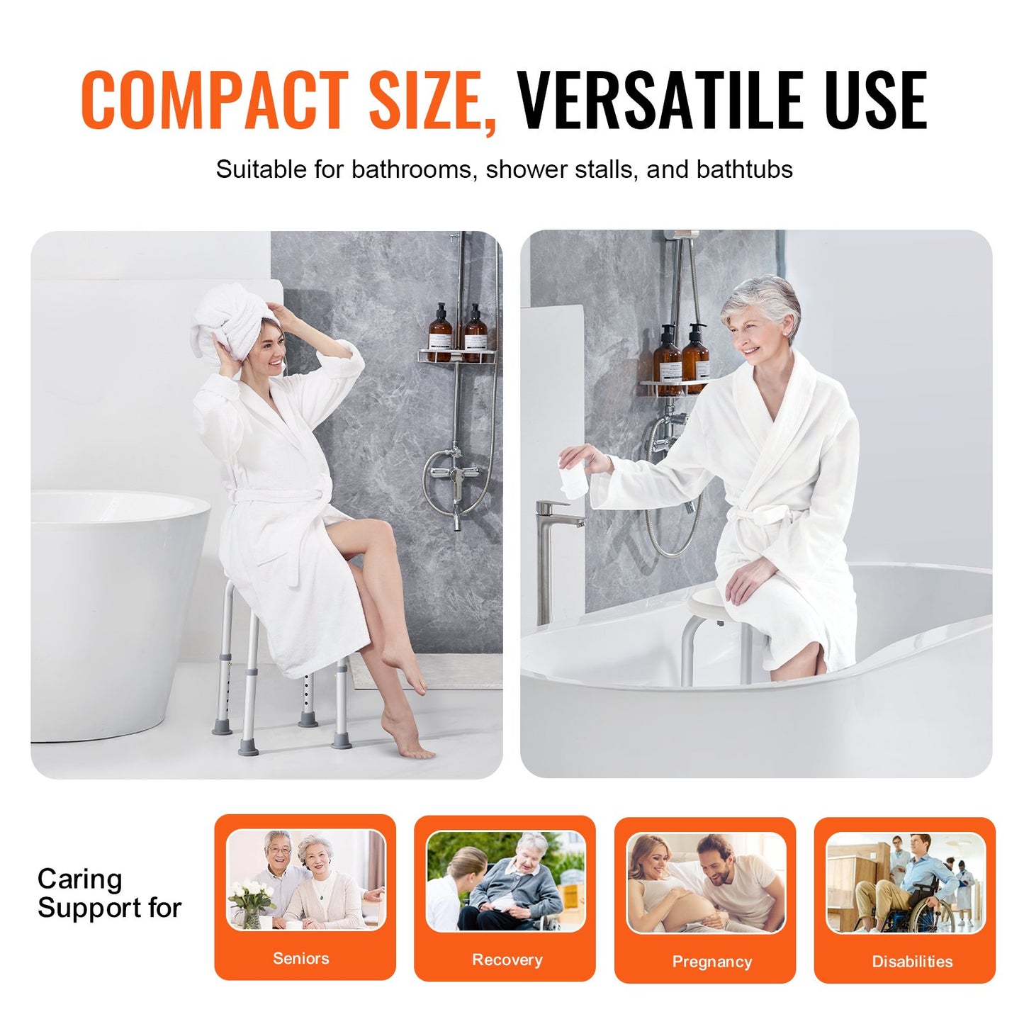 Shower Chair for Indoor Shower, Adjustable Height Shower Stool, Non-Slip Bench Bathtub Seat Stool for Elderly Disabled Adults Handicap, 136.1 kg Capacity