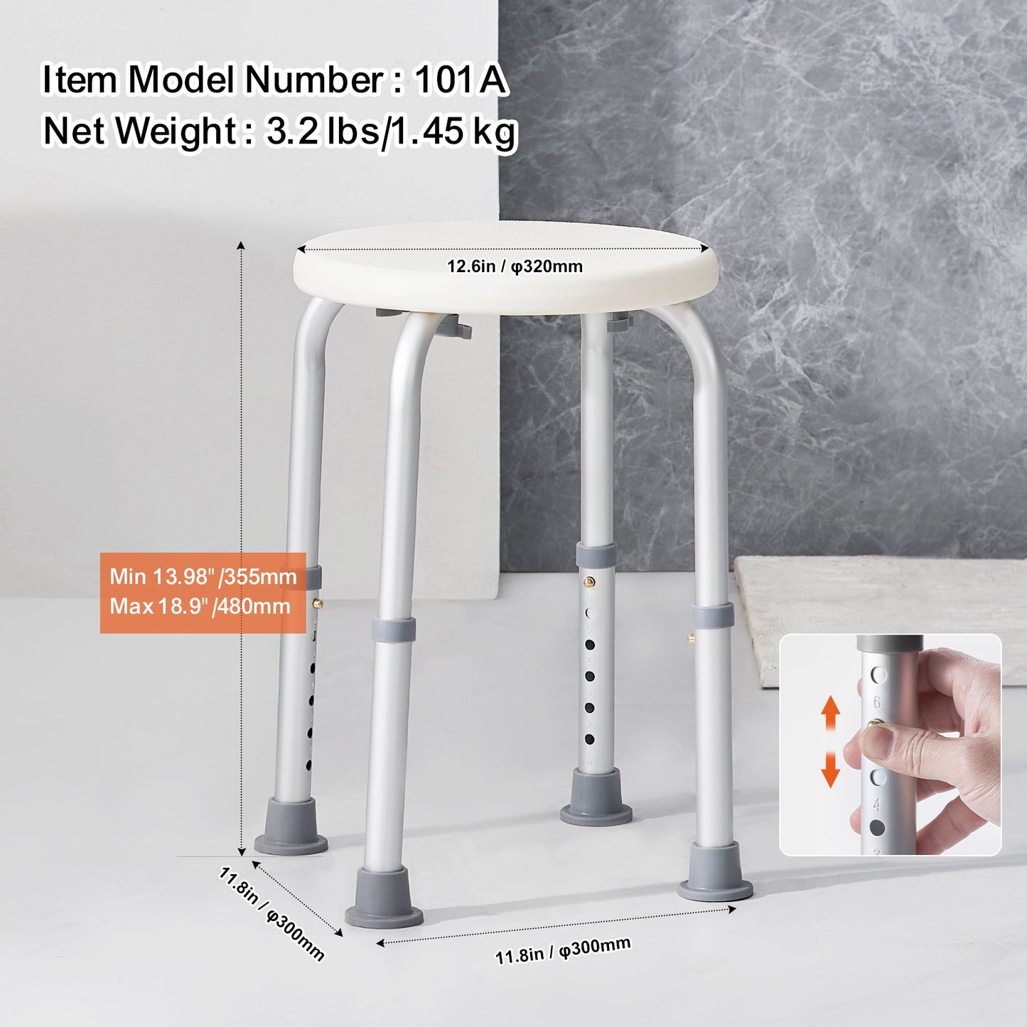 Shower Chair for Indoor Shower, Adjustable Height Shower Stool, Non-Slip Bench Bathtub Seat Stool for Elderly Disabled Adults Handicap, 136.1 kg Capacity