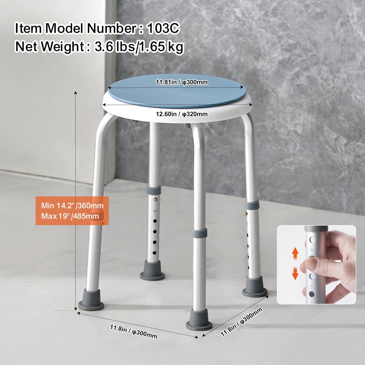 Shower chair 360 degrees rotating, adjustable height Shower stool seat, bath chair for indoor shower or bathtub, non-slip bench Bathtub seat Stool for elderly disabled Handicap, 136.1 kg Capacity