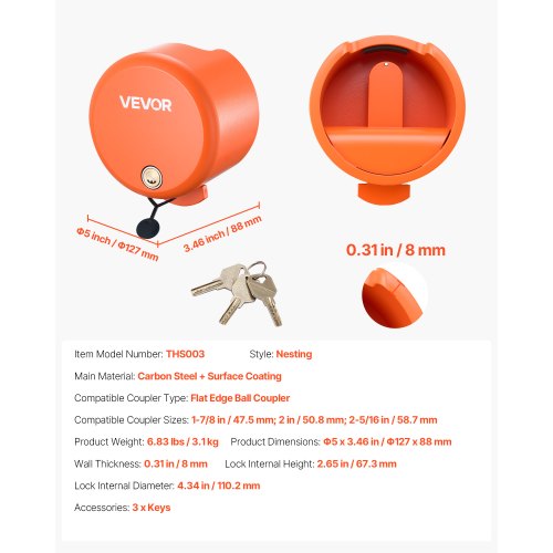 Anhängerschloss passt für 1-7/8 &amp; 2 &amp; 2-5/16 Zoll gerade Hochleistungs-Kugelkopfkupplungen | EU