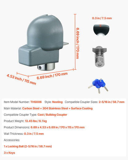 Trailer Coupler Lock, Fits 2-5/16-Inch Cast/Bulldog Trailer Couplers, Heavy Duty Trailer Hitch Lock with 3 Keys, Corrision-resistant, Anti-Theft Coupler Ball Locks for RV, Trailer, Boat, Black