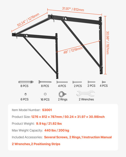 Pull Up Bar, 50 in Width Wall Mounted Pull Ups, Adjustable Depth 22" or 30" from Wall, Heavy Duty Steel Upper Body Workout Bars, 440 lbs Weight Capacity Chin Up Training Station, for Home Gym