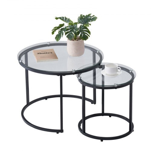 Nesting Coffee Table Set of 2, 23.6 in Round Coffee Table, Glass Nesting Tables for Small Place, Modern End Side Tables Night Stand with Metal Frame, for Living Room, Bedroom, Balcony, Office