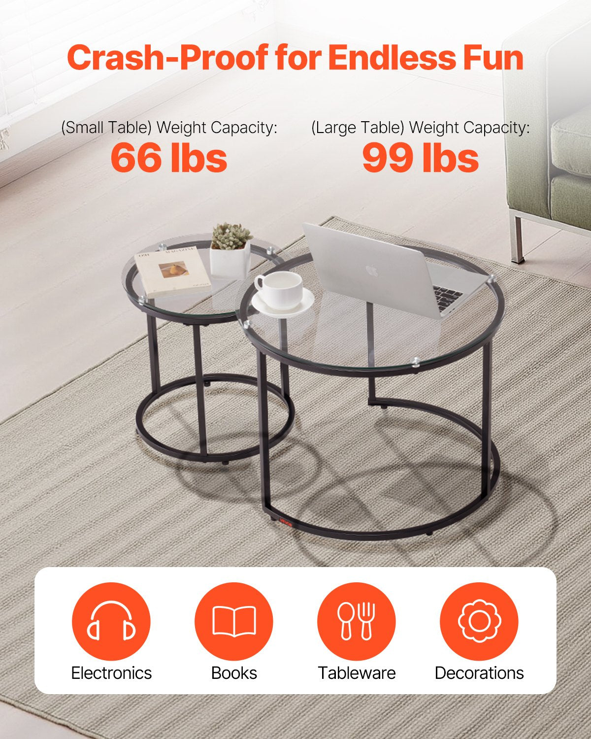 Nesting Coffee Table Set of 2, 23.6 in Round Coffee Table, Glass Nesting Tables for Small Place, Modern End Side Tables Night Stand with Metal Frame, for Living Room, Bedroom, Balcony, Office