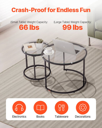 Nesting Coffee Table Set of 2, 23.6 in Round Coffee Table, Glass Nesting Tables for Small Place, Modern End Side Tables Night Stand with Metal Frame, for Living Room, Bedroom, Balcony, Office