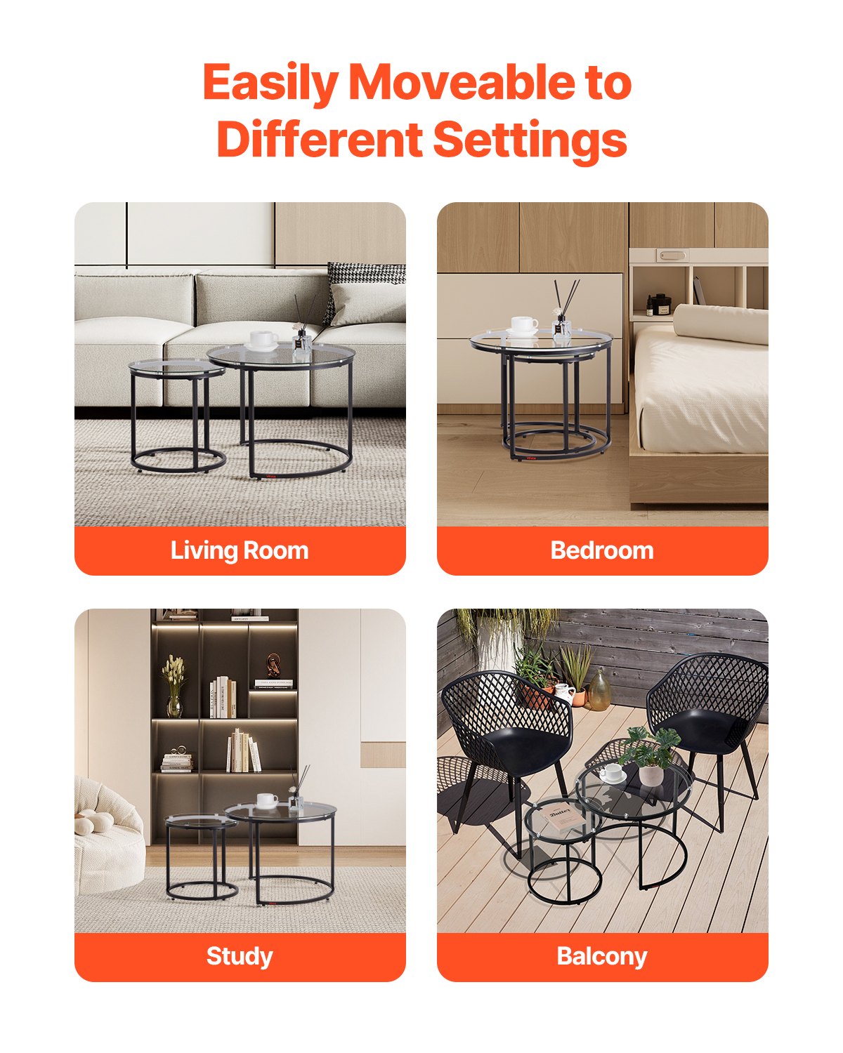 Nesting Coffee Table Set of 2, 23.6 in Round Coffee Table, Glass Nesting Tables for Small Place, Modern End Side Tables Night Stand with Metal Frame, for Living Room, Bedroom, Balcony, Office