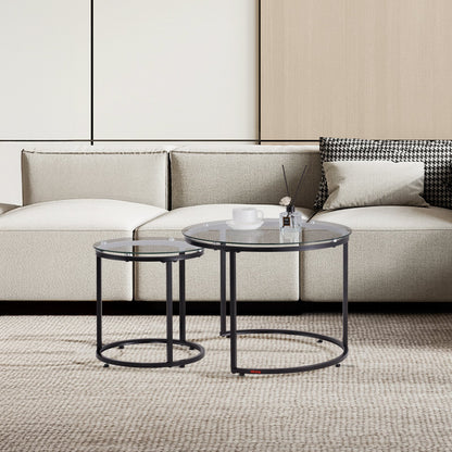 Nesting Coffee Table Set of 2, 23.6 in Round Coffee Table, Glass Nesting Tables for Small Place, Modern End Side Tables Night Stand with Metal Frame, for Living Room, Bedroom, Balcony, Office