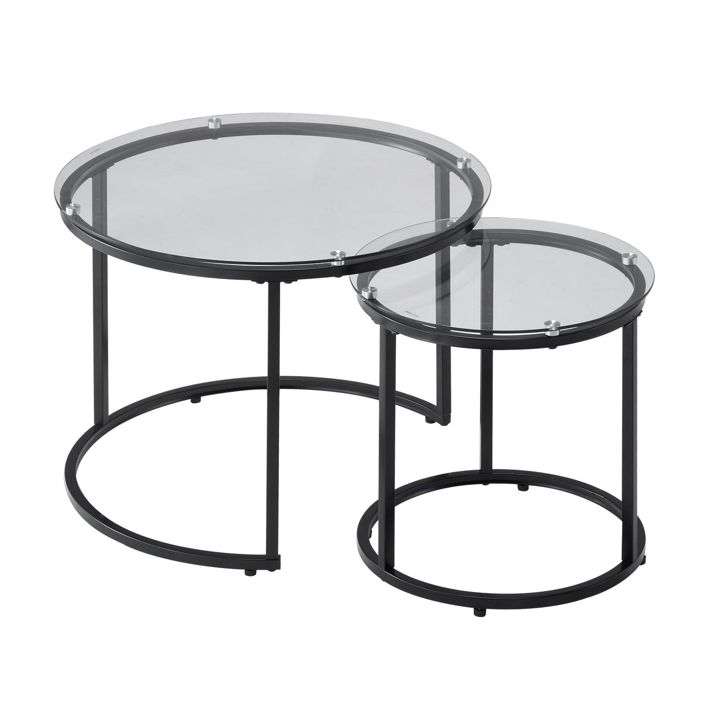 Nesting Coffee Table Set of 2, 23.6 in Round Coffee Table, Glass Nesting Tables for Small Place, Modern End Side Tables Night Stand with Metal Frame, for Living Room, Bedroom, Balcony, Office