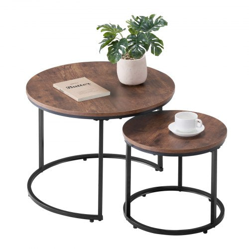 Nesting Coffee Table Set of 2, 23.6 in Round Coffee Table, Nesting Tables for Small Place, End Side Tables Night Stand with Metal Frame, for Living Room, Bedroom, Office (Vintage Brown & Black)