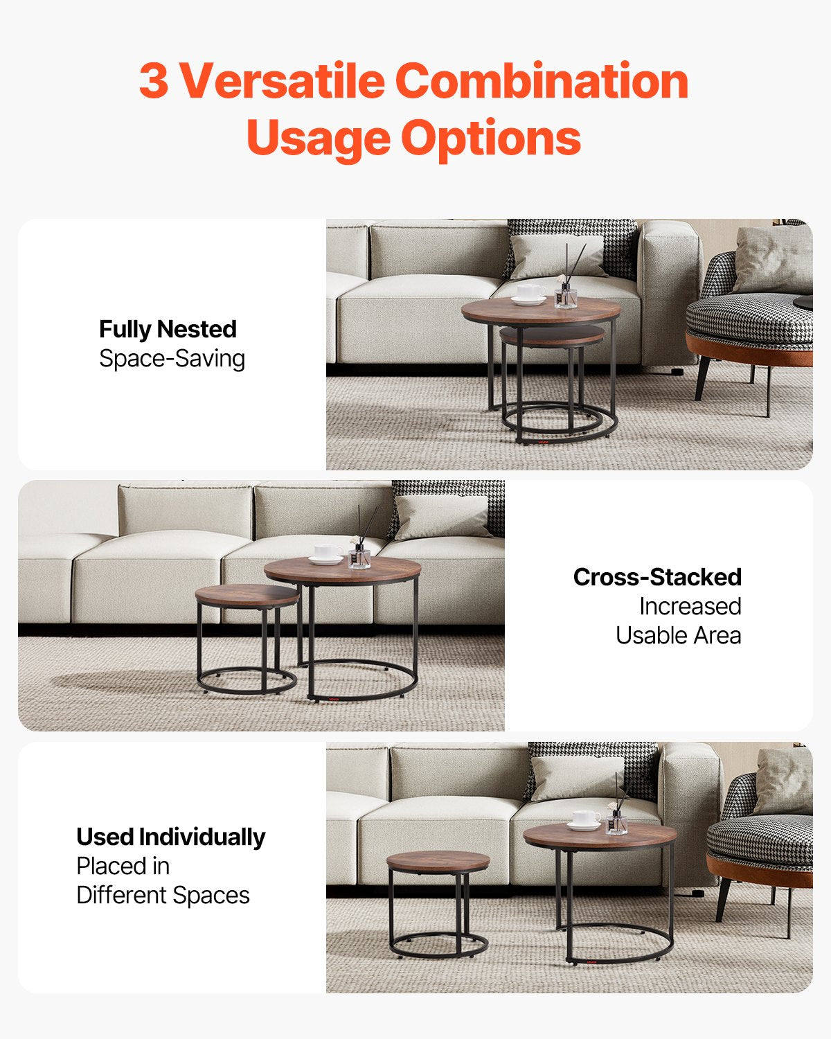 Nesting Coffee Table Set of 2, 23.6 in Round Coffee Table, Nesting Tables for Small Place, End Side Tables Night Stand with Metal Frame, for Living Room, Bedroom, Office (Vintage Brown & Black)