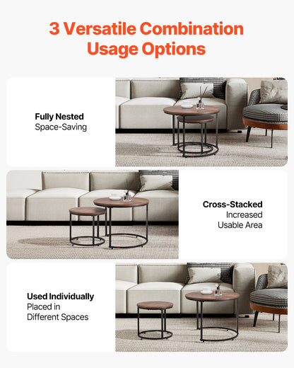 Nesting Coffee Table Set of 2, 23.6 in Round Coffee Table, Nesting Tables for Small Place, End Side Tables Night Stand with Metal Frame, for Living Room, Bedroom, Office (Vintage Brown & Black)