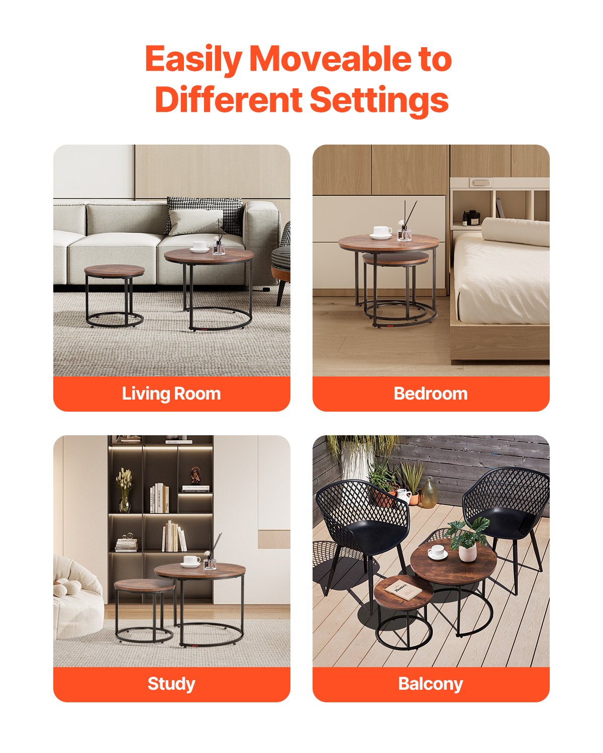 Nesting Coffee Table Set of 2, 23.6 in Round Coffee Table, Nesting Tables for Small Place, End Side Tables Night Stand with Metal Frame, for Living Room, Bedroom, Office (Vintage Brown & Black)