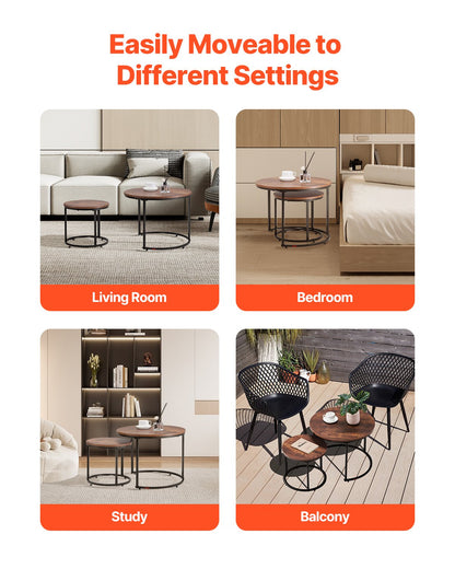 Nesting Coffee Table Set of 2, 23.6 in Round Coffee Table, Nesting Tables for Small Place, End Side Tables Night Stand with Metal Frame, for Living Room, Bedroom, Office (Vintage Brown & Black)