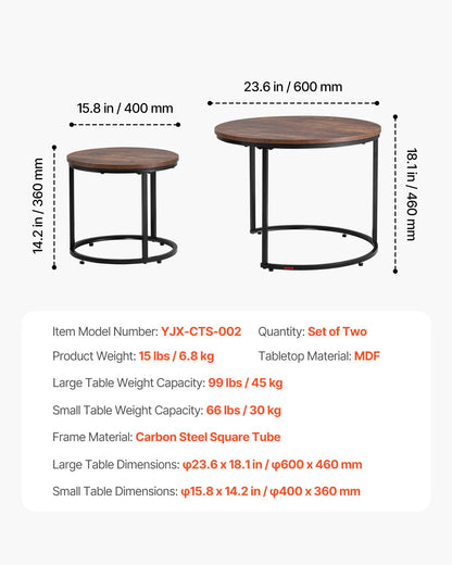 Nesting Coffee Table Set of 2, 23.6 in Round Coffee Table, Nesting Tables for Small Place, End Side Tables Night Stand with Metal Frame, for Living Room, Bedroom, Office (Vintage Brown & Black)