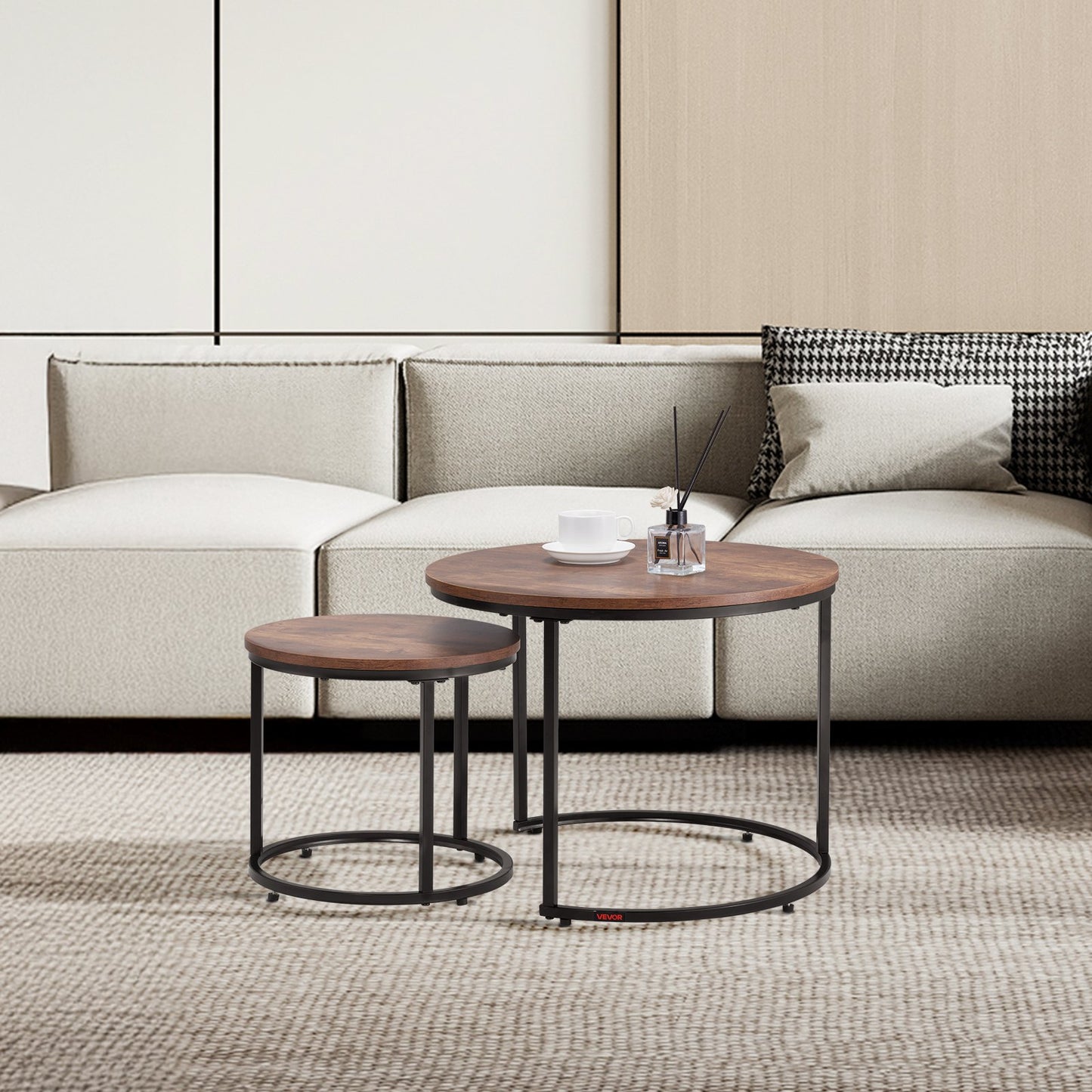 Nesting Coffee Table Set of 2, 23.6 in Round Coffee Table, Nesting Tables for Small Place, End Side Tables Night Stand with Metal Frame, for Living Room, Bedroom, Office (Vintage Brown & Black)