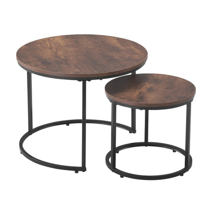 Nesting Coffee Table Set of 2, 23.6 in Round Coffee Table, Nesting Tables for Small Place, End Side Tables Night Stand with Metal Frame, for Living Room, Bedroom, Office (Vintage Brown & Black)