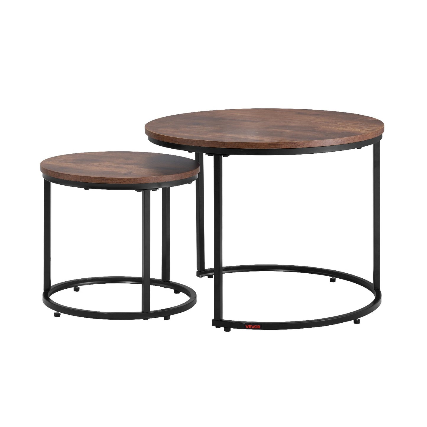 Nesting Coffee Table Set of 2, 23.6 in Round Coffee Table, Nesting Tables for Small Place, End Side Tables Night Stand with Metal Frame, for Living Room, Bedroom, Office (Vintage Brown & Black)