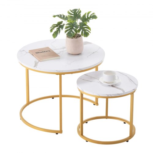 Nesting Coffee Table Set of 2, 23.6 in Round Coffee Table, Nesting Tables for Small Place, Vintage End Side Tables Night Stand with Metal Frame, for Living Room, Bedroom, Office (White & Gold)