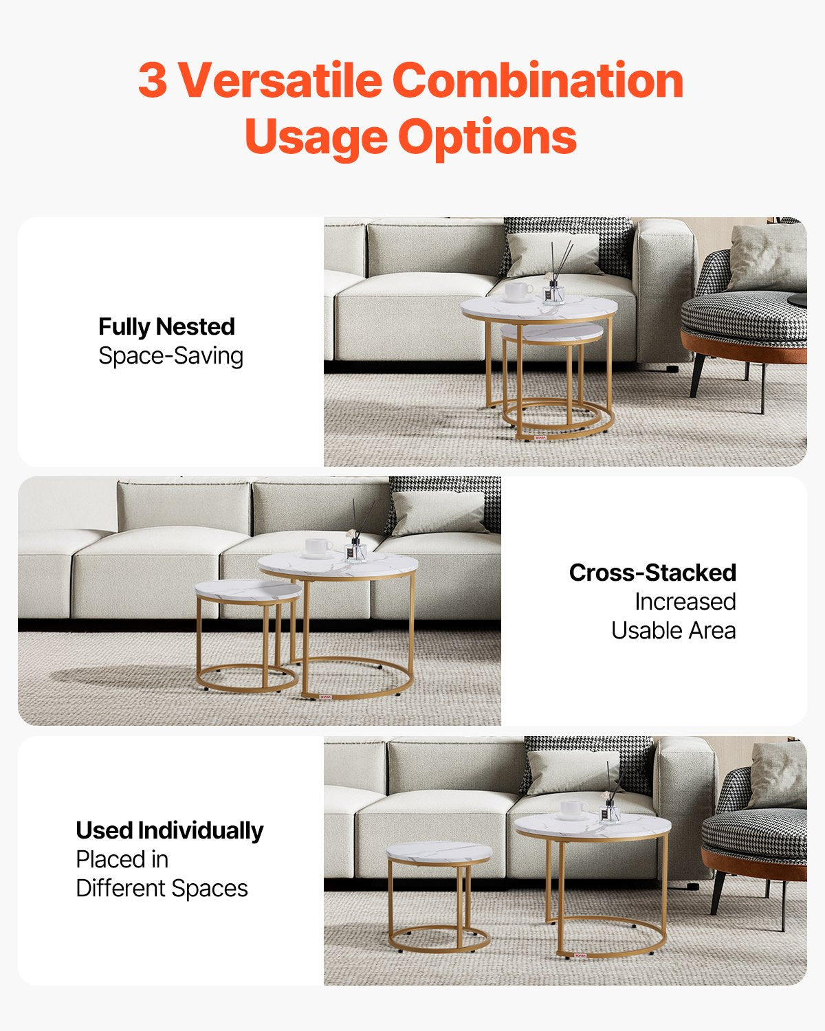 Nesting Coffee Table Set of 2, 23.6 in Round Coffee Table, Nesting Tables for Small Place, Vintage End Side Tables Night Stand with Metal Frame, for Living Room, Bedroom, Office (White & Gold)