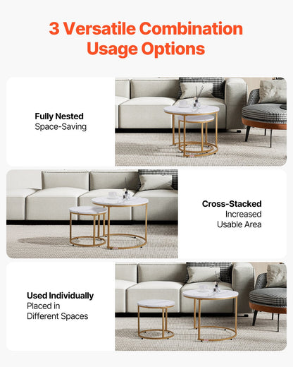 Nesting Coffee Table Set of 2, 23.6 in Round Coffee Table, Nesting Tables for Small Place, Vintage End Side Tables Night Stand with Metal Frame, for Living Room, Bedroom, Office (White & Gold)