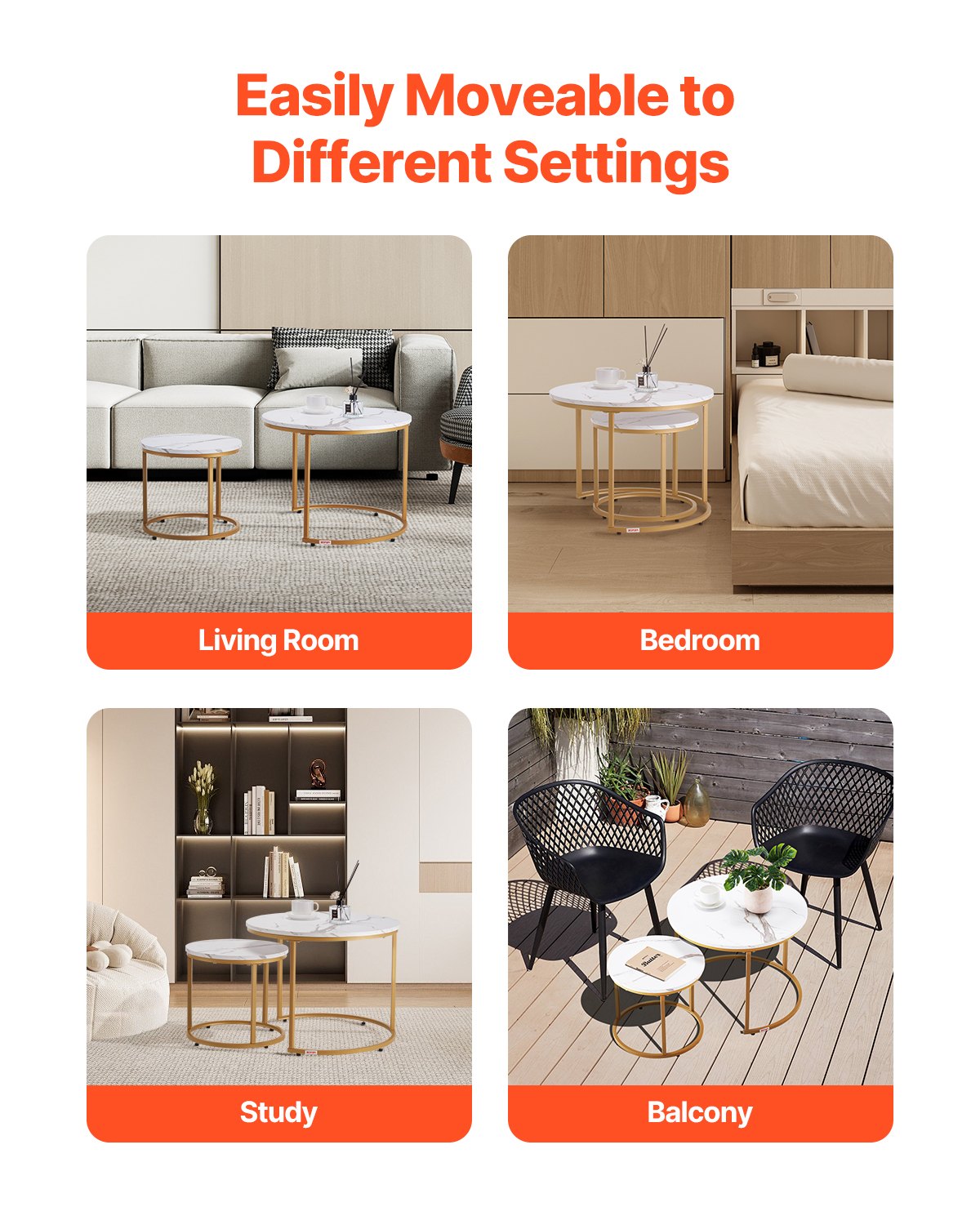 Nesting Coffee Table Set of 2, 23.6 in Round Coffee Table, Nesting Tables for Small Place, Vintage End Side Tables Night Stand with Metal Frame, for Living Room, Bedroom, Office (White & Gold)