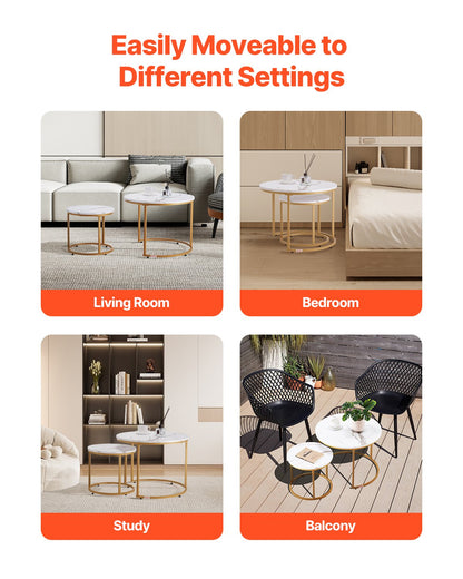 Nesting Coffee Table Set of 2, 23.6 in Round Coffee Table, Nesting Tables for Small Place, Vintage End Side Tables Night Stand with Metal Frame, for Living Room, Bedroom, Office (White & Gold)