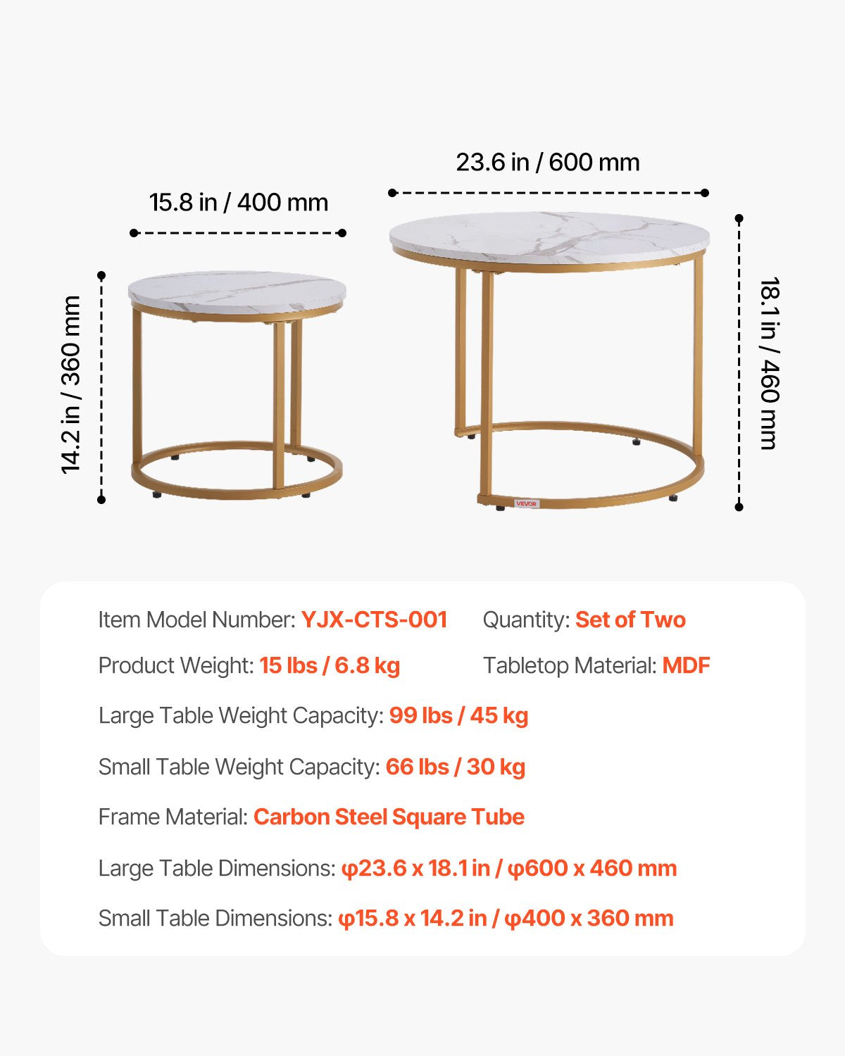 Nesting Coffee Table Set of 2, 23.6 in Round Coffee Table, Nesting Tables for Small Place, Vintage End Side Tables Night Stand with Metal Frame, for Living Room, Bedroom, Office (White & Gold)